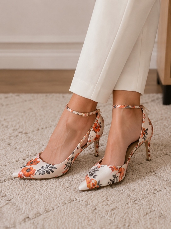 Call It Spring Shoes - Call It Spring Floral Pointed Ankle-Strap Pumps in Cream and Orange